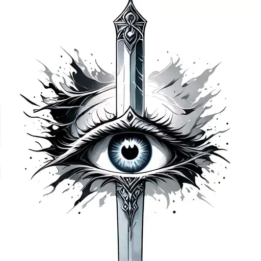 A Vertical Sword With An Eye In The Middle In Black An White