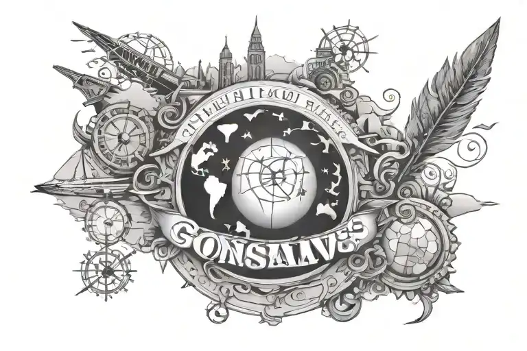 Minimalist Tattoo Of The Word Gonsalves Surrounded By Travel Elements
