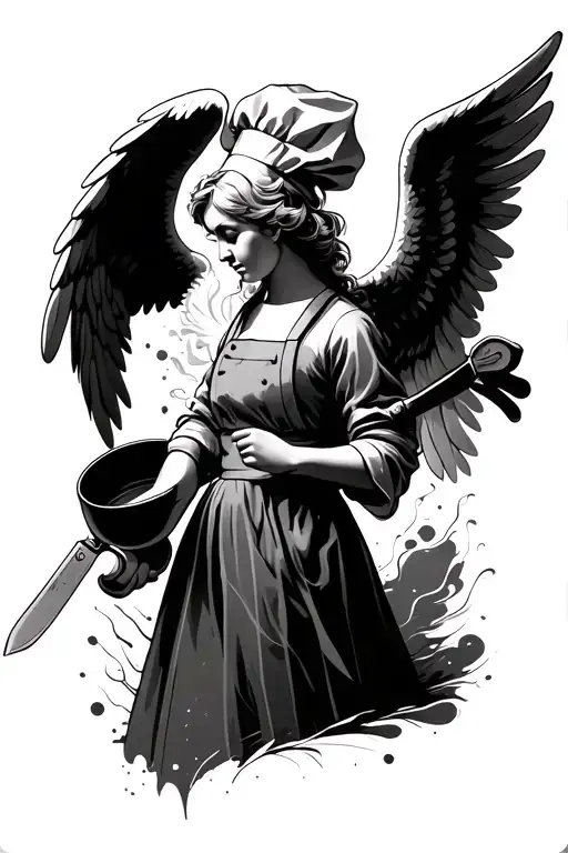An Angel Sideway With Wings Holding A Chefs Knife And Pan While Looking Down