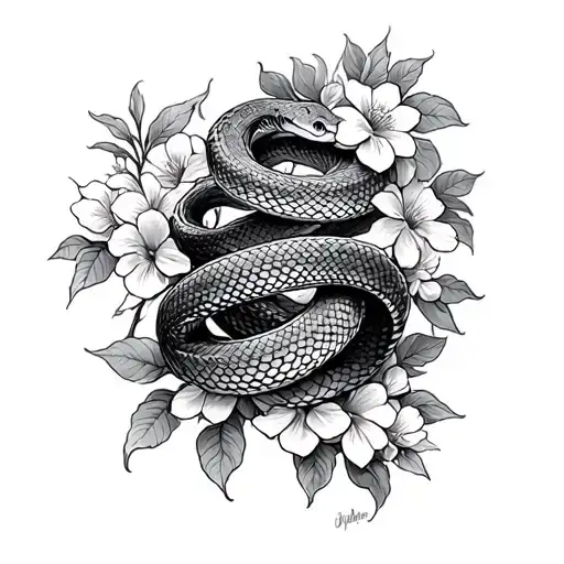 Snake Wrapped Around Tree With Flowers