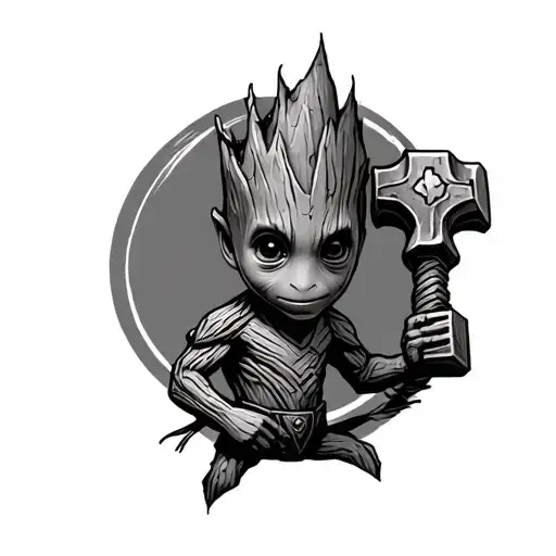 Baby Groot Holding The Mjolnir