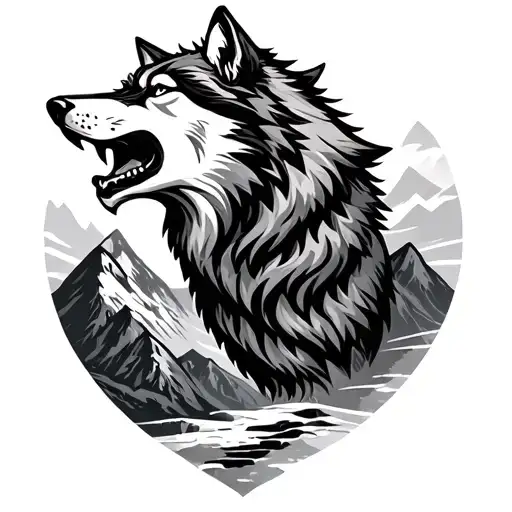 Growling Wolf And Mountains