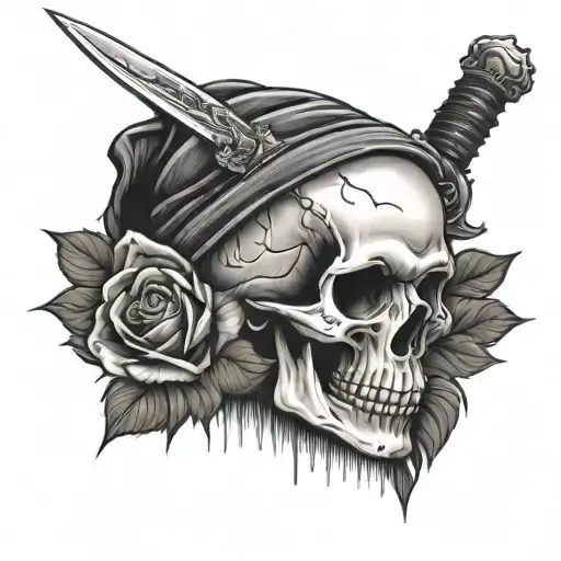 Skull With A Sword Going Through It And A Rose In Its Eye