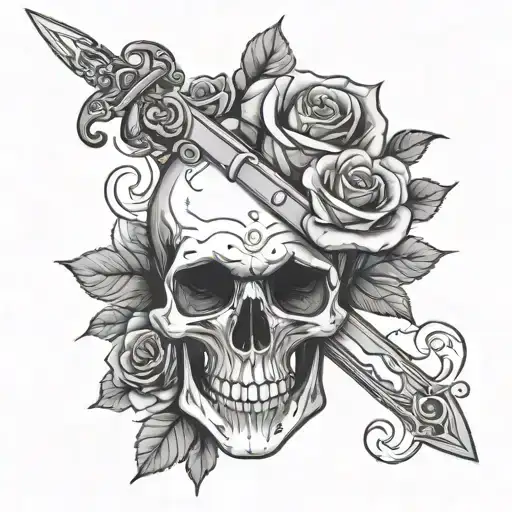 Skull With A Sword Going Through It And A Rose In The Eye In A Feminine And Fine Style