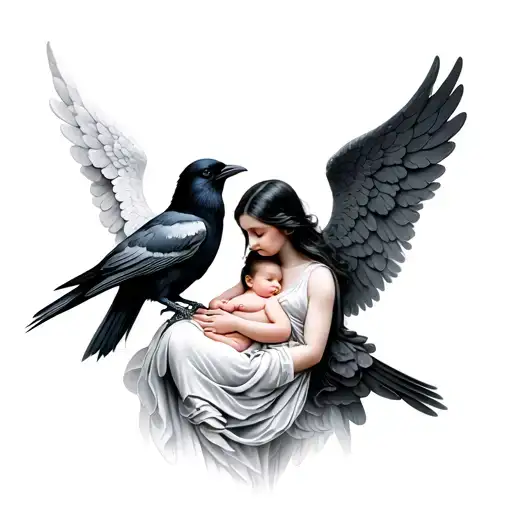 2 Crows And An Angel In Betweeen Holding A Baby