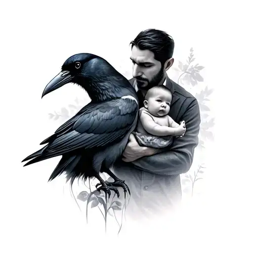 2 Crows And An Father In Betweeen Holding A Baby