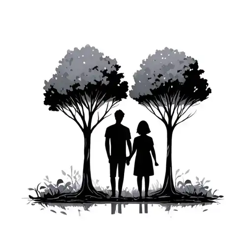 Parents Standing Side By Side With Some Elements Like Trees