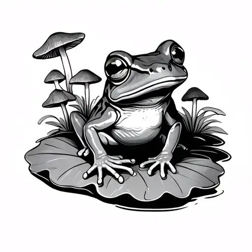 Frog Tattoo Sitting On A Lilly Pad With Mushrooms Growing