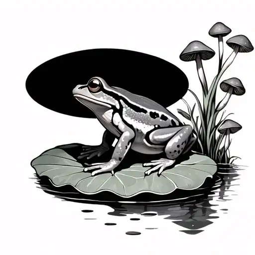 Frog Tattoo Sitting On A Lilly Pad With Mushrooms Growing Outside