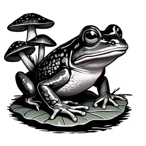 Frog Tattoo Sitting On A Lilly Pad With Mushrooms Growing Around Him