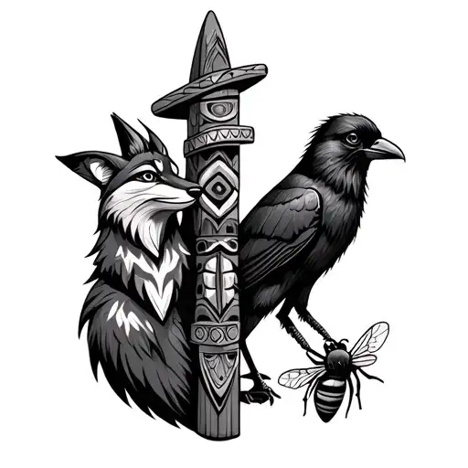 A Navajo Totem Pole With A Fox A Crow And A Bee