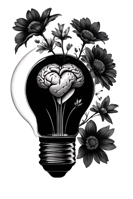 A Realistic But Feminine Brain And Heart Inside Of A Light Bulb With Flowers Growing