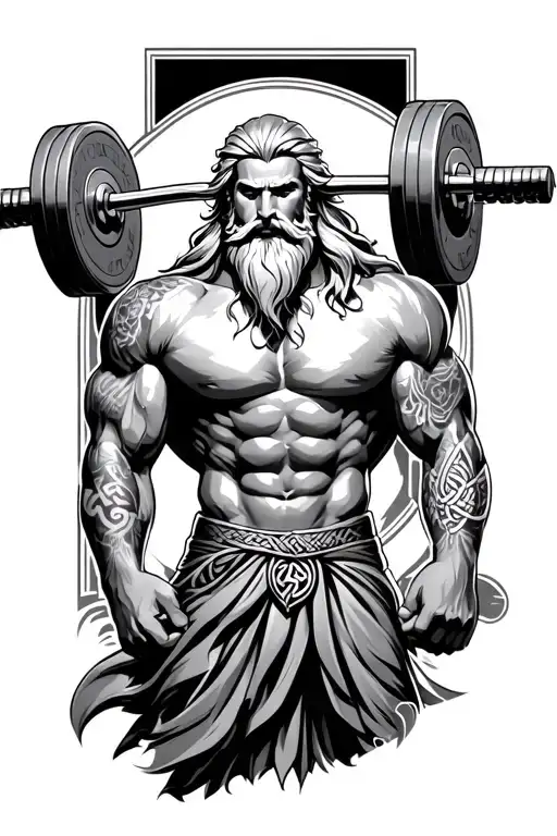 Super Muscled Atlas Greek God With Long Silver Hair And Beard And Celtic Tattoos Lifting Weights