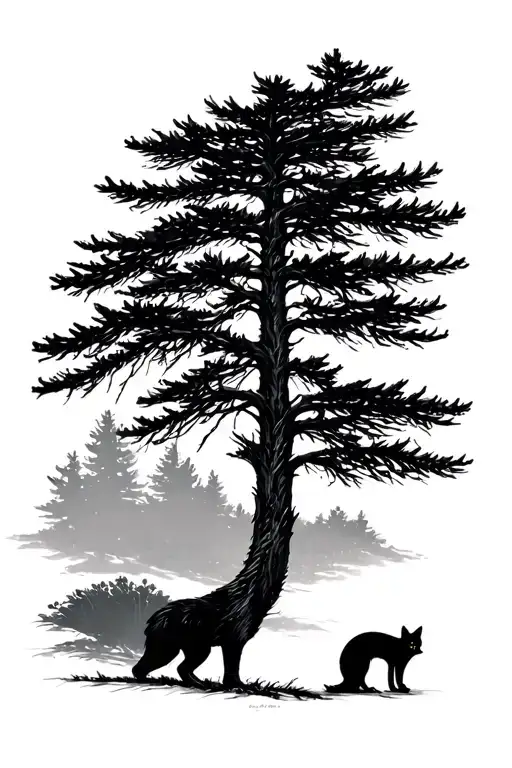 Black Tattoo Of Tall Pine Tree With Small Fox Behind It