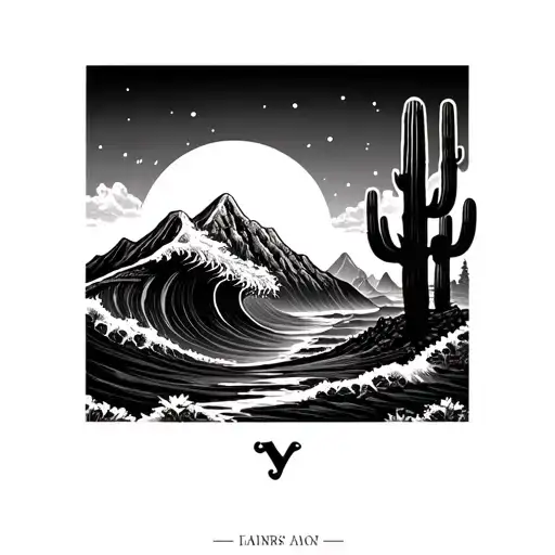 Mountain With Wave With Sequoia With Cactus