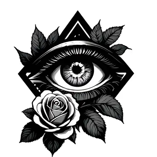 An Outline Stencil Of An All Seeing Eye In An Impossible Triangle With 2 Pretty Roses