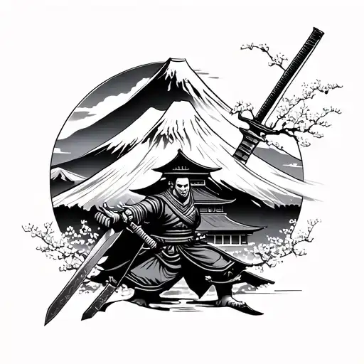 Samurai With Sword In The Background Mount Fuji With Temple And Cherry Blossoms