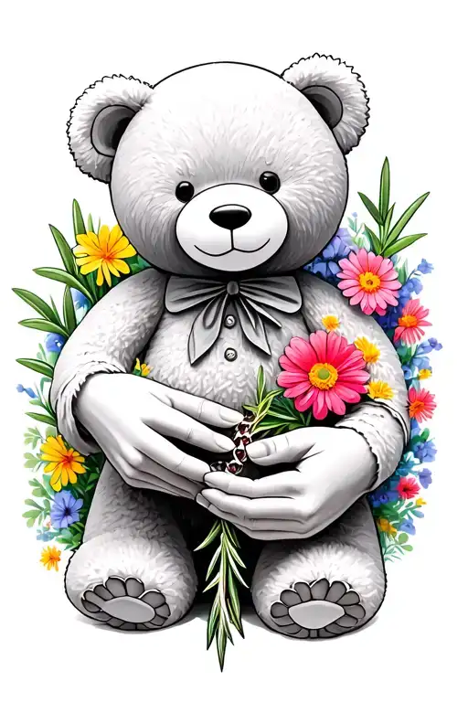 An Old Womans Hand Holding Rosemary Beads Next To A Teddy Bear And Colourful Flowers