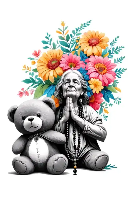 An Old Womans Praying Hands Hand Holding Prayer Beads Next To A Teddy Bear And Colourful Flowers