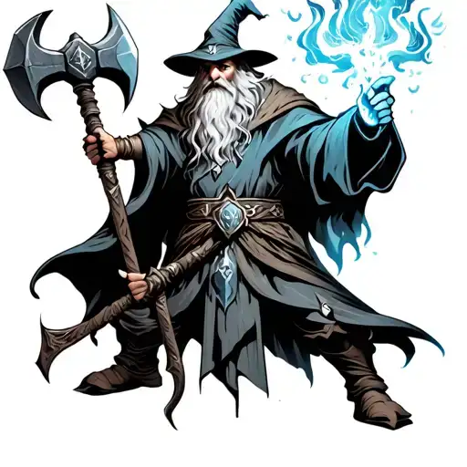 Wizard With Large War Hammer In One Hand And Magic In The Other
