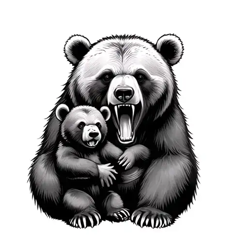 Mama Bear Holding Baby Bear And Roaring