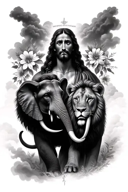 Africelephant And Lion Flower Clouds Surrounding Jesus Stripped