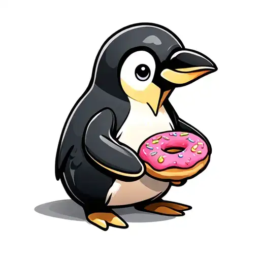 A Cartoon Penguin Holding A Donut