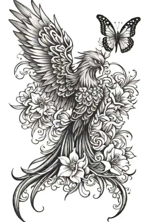 Phoenix With A Butterfly And Flowers