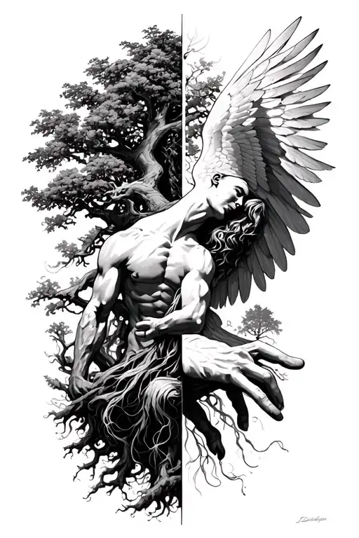 Icarus Falling With A Tree Being Half Dead Half Alive And The Adam God Hand