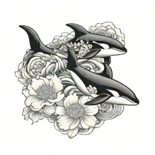Killer Whales In Waves And Peonies