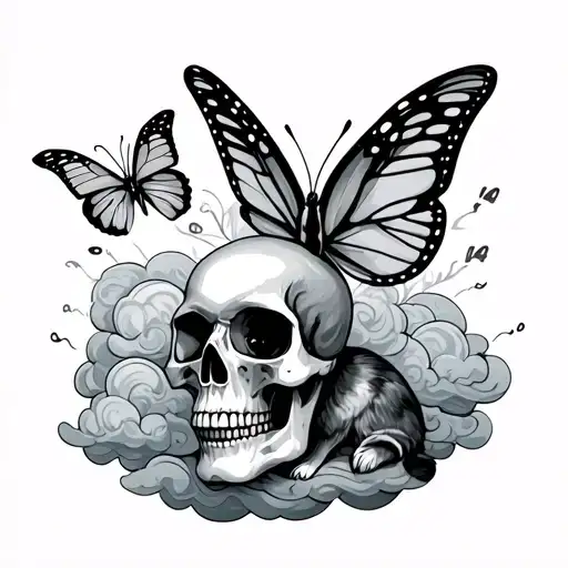 Clouds And Butterfly And Skull With Number 444 And A Rabbit Watching The Butterfly