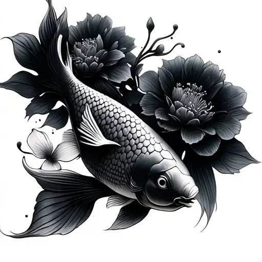 Koi Fish Flowers Black And White
