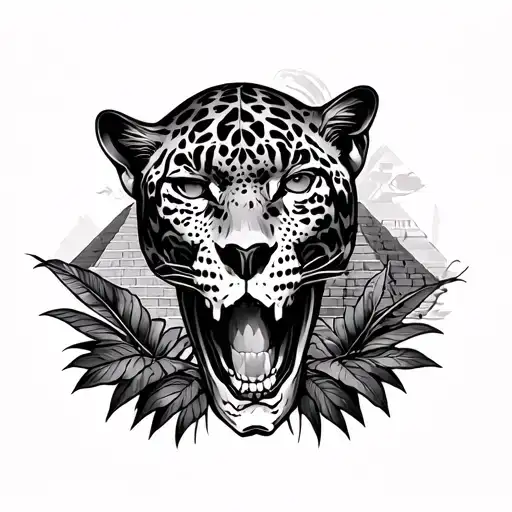 Jaguar Over Spaniard Skull Surrounded By Jungle And Pyramid