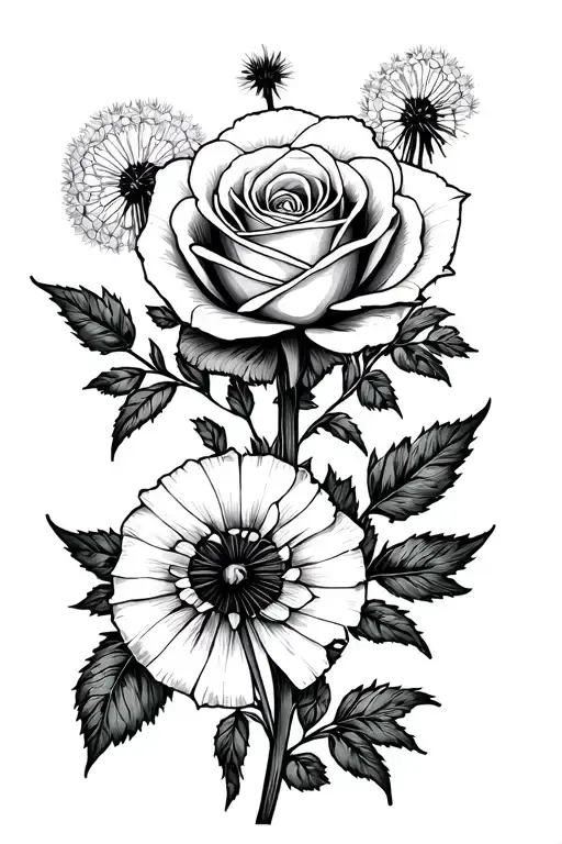 Fineline Tattoo Design It Needs To Have A Lillie In It A Rose And A Dandelion Black And White Small