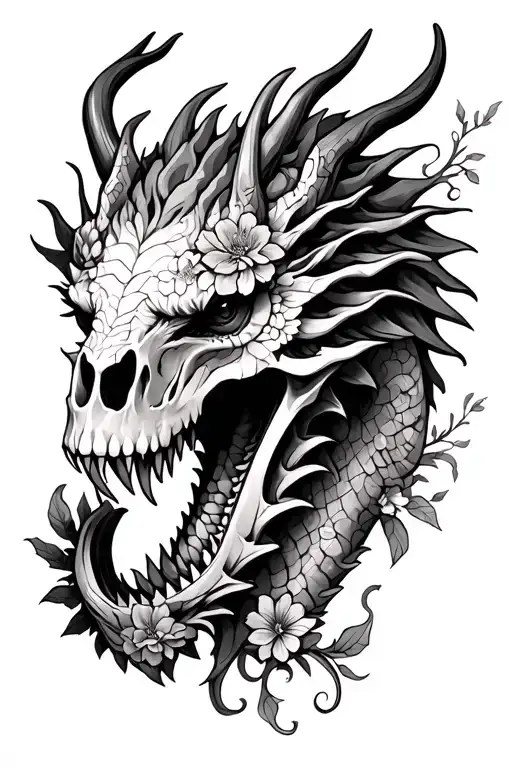 Front Facing Dragon Skull With Flowers And Vines