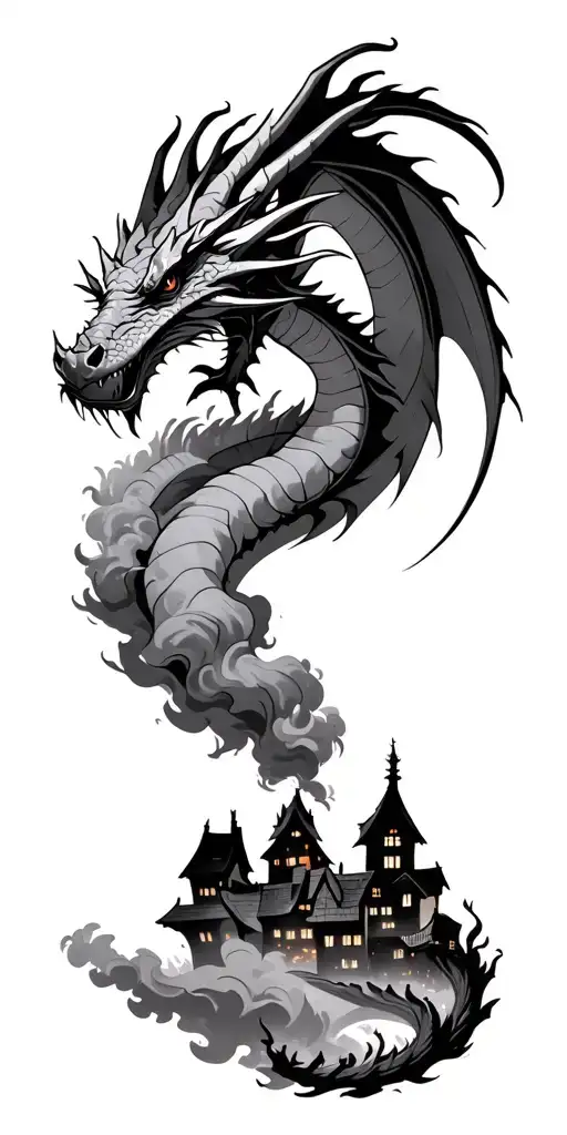 A Dragon Rising Out Of The Smoke From A Silhouetted Village On Fire