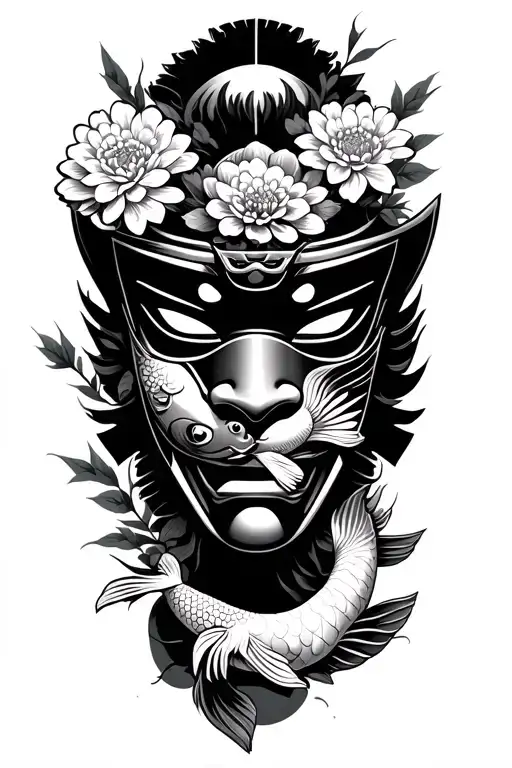 A Samurai Mask With Koi Fish And Chrysanthemums Flower And Bamboo