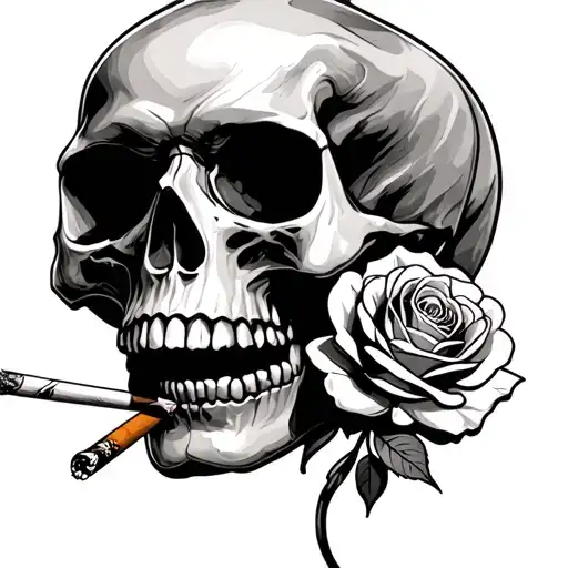 Skull With A Rose As A Cigarette In Its Mouth