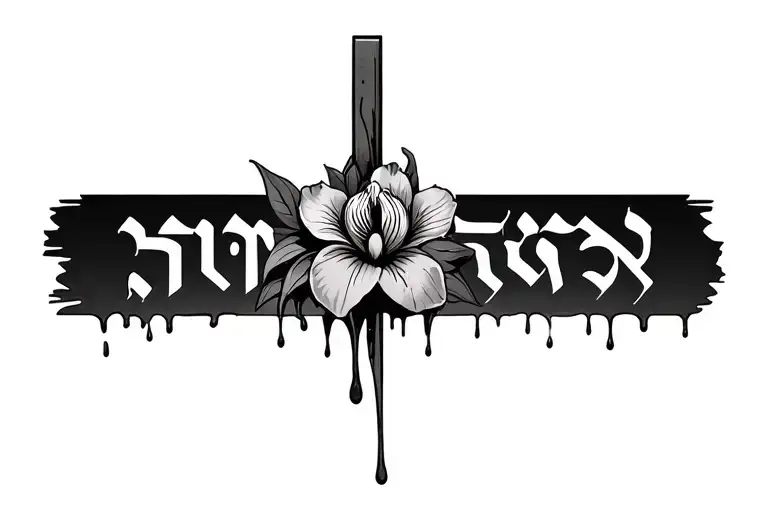 Cross With Blood Dripping With An Iris Flower And The Word Yeshua
