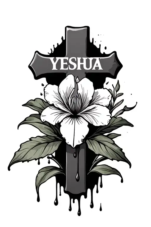 Cross With Blood Dripping With An Iris Flower And The Word Yeshua