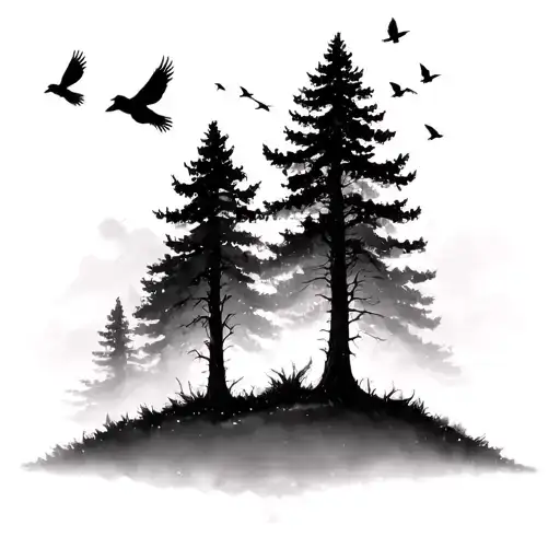 Forest With Birds In Sky