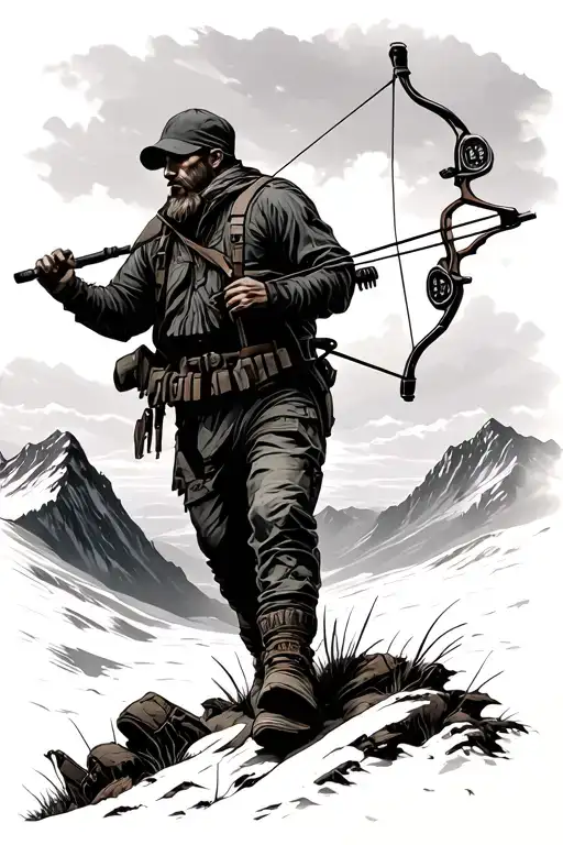 Man With Compound Bow Walking Up Mountain
