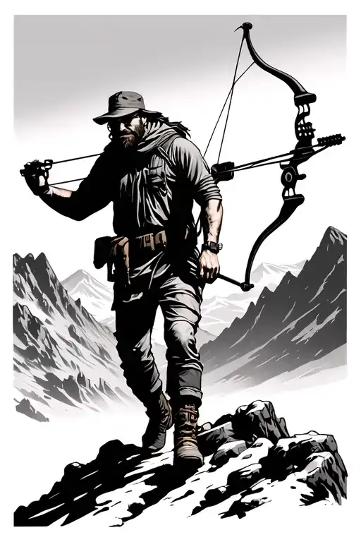 Man With Compound Bow Walking Up Mountain