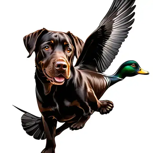 Chocolate Lab With Drake Duck Flying