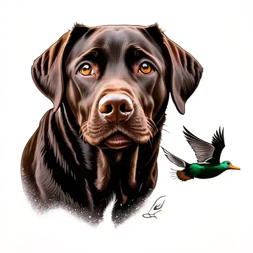 Chocolate Lab With Drake Duck Flying Over It