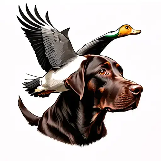 Chocolate Lab With Drake Duck Flying Over It