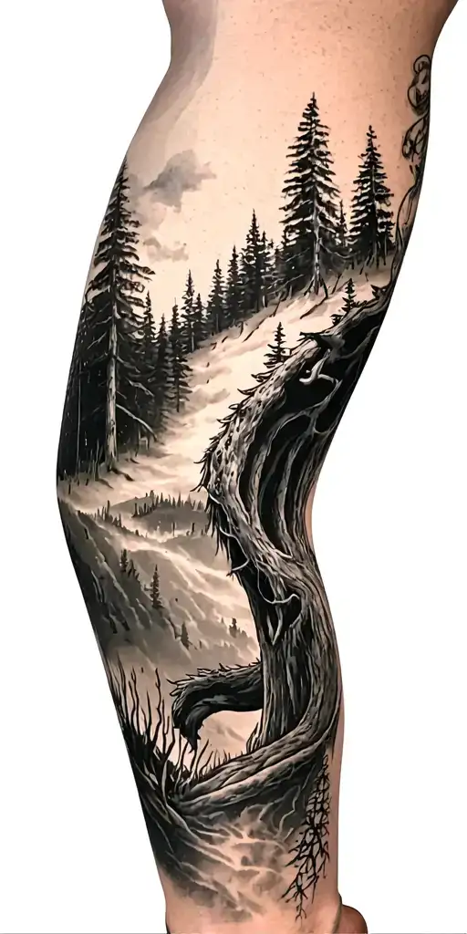 Forrest Theme Leg Sleeve Tatto
