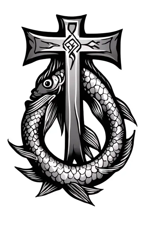 Traditional Ichthys Jesus Fish Outline With Greek Letter Incorporated With A Cross