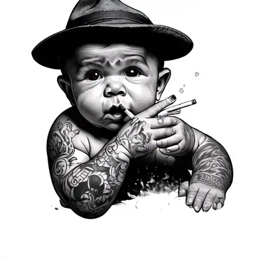 Baby Tattooed Gangster With Cigarette Being Consumed