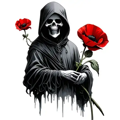 Hooded Black And Grey Grim Reaper Holding Red Poppy Flower
